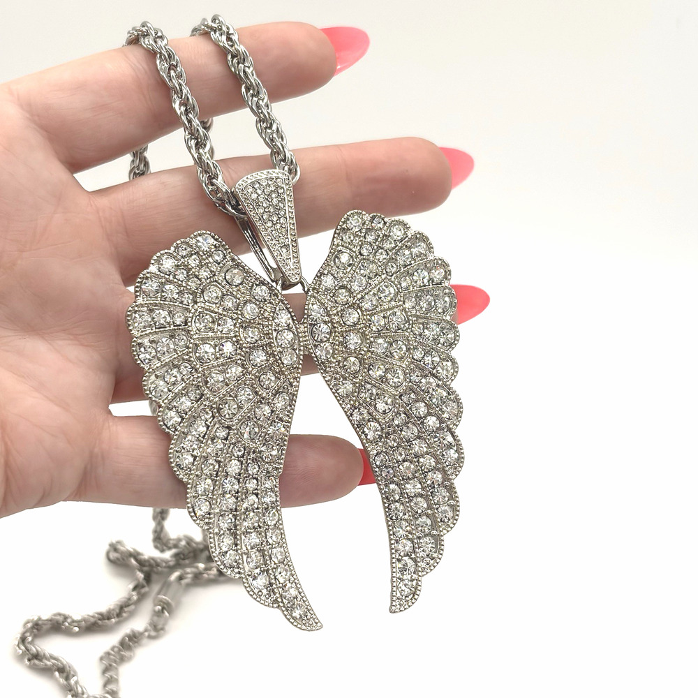 Huge Signed CN Silver tone Rhinestones ANGEL WINGS Statement Necklace STUNNING